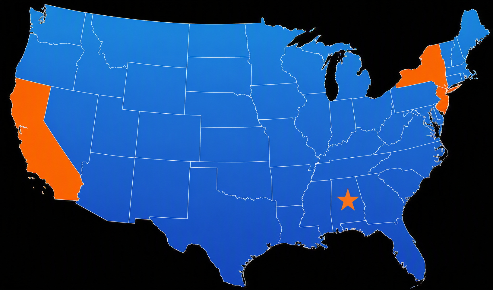 US Map with California, New York, and New Jersey highlighted.